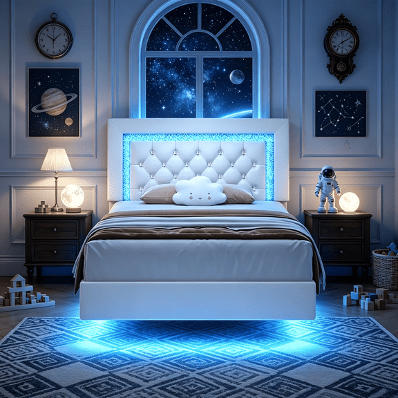 4 Ever Winner Twin Floating Bed Frame, LED Upholstered Platform with Diamond Tufted Headboard, White