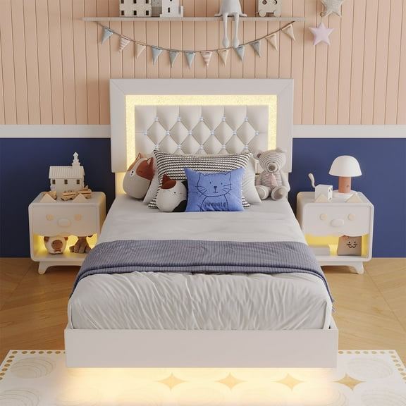 4 EVER WINNER Twin Size Floating Bed Frame with LED Lights, Upholstered Platform Bed Frame with Diamond Tufted Headboard, White Bed Frame Twin Size , White