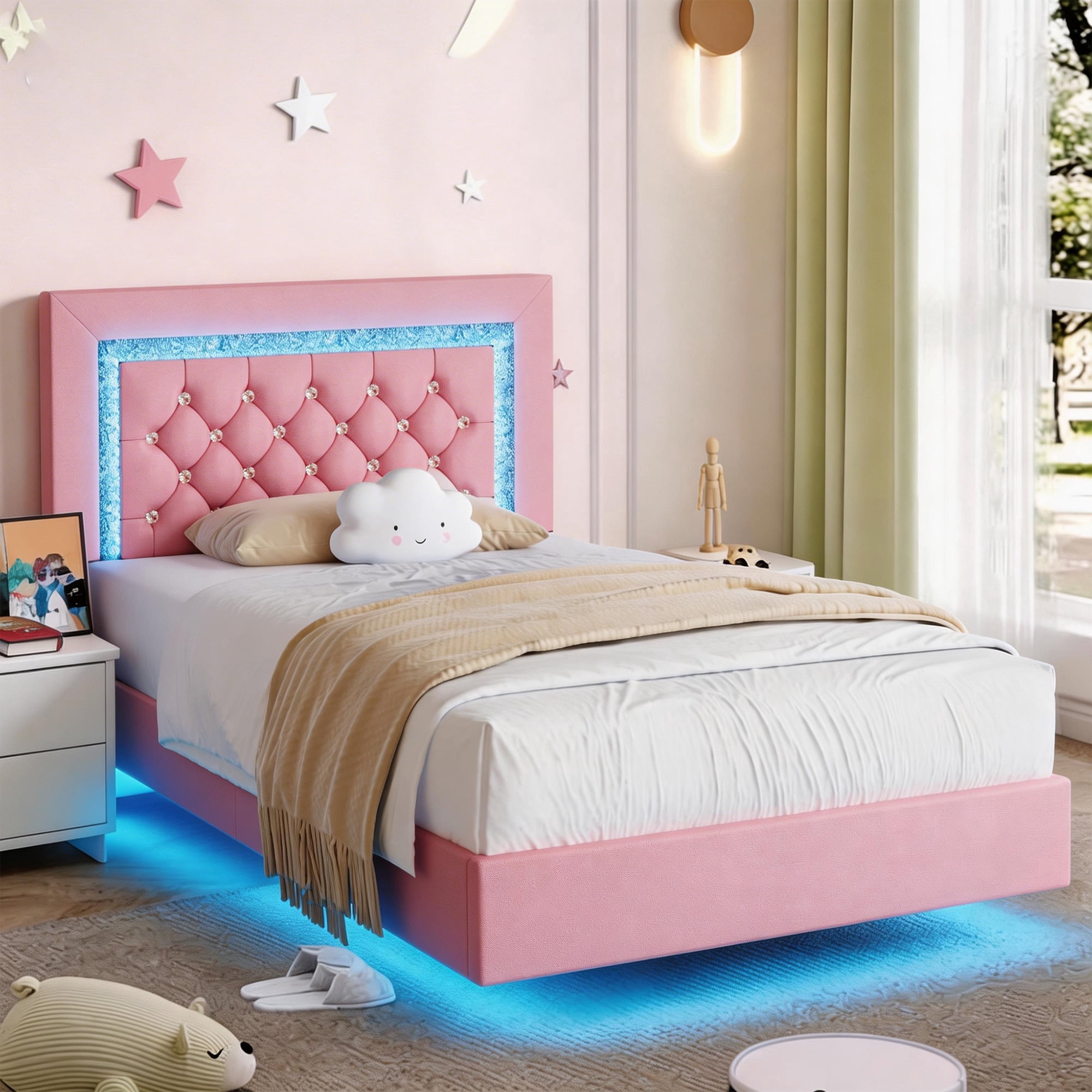 4 EVER WINNER Twin Floating Bed Frame with LED Lights, LED Upholstered&nbsp;Platform Bed Frame with Diamond Tufted Headboard, Pink LED Bed Frame for Bedroom, Pink