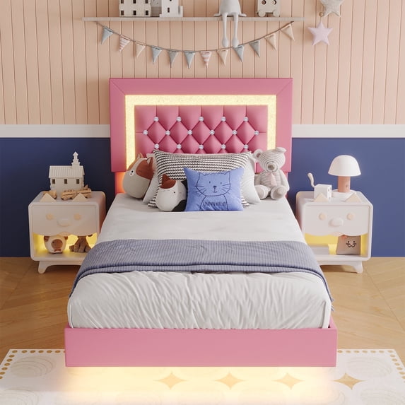 4 EVER WINNER Twin Size Floating Bed Frame with LED Lights, Upholstered Platform Bed Frame with Diamond Tufted Headboard, Pink Twin Size Bed Frame, Pink