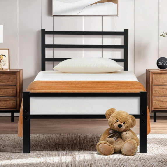 4 Ever Winner Twin Metal Bed Frame with Headboard, 14" Under Bed Storage, No Box Spring Needed, Black