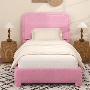 4 EVER WINNER Twin Size Bed Frame, Boucle Upholstered Bed Frame with Headboard, No Box Spring Required, Easy Assembly, Dark Pink
