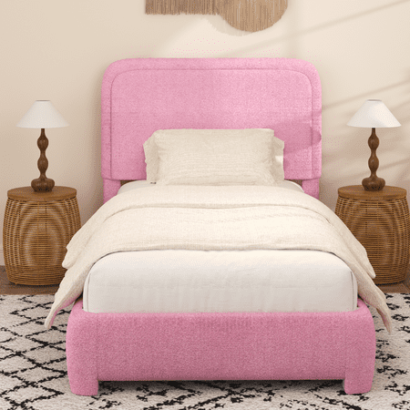 4 EVER WINNER Twin Size Bed Frame, Boucle Upholstered Bed Frame with Headboard, No Box Spring Required, Easy Assembly, Dark Pink