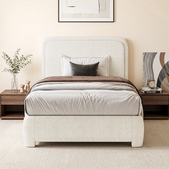 4 Ever Winner Twin Size Boucle Upholstered Bed Frame with Headboard, Cream