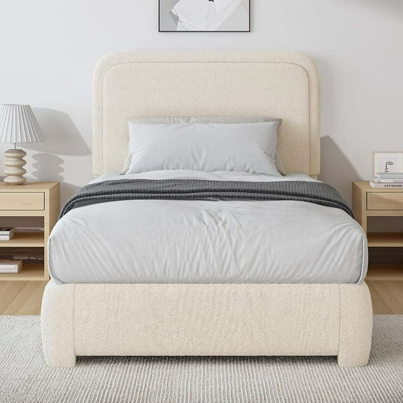 4 EVER WINNER Twin Size Bed Frame, Boucle Upholstered Bed Frame with Headboard, No Box Spring Required, Easy Assembly, Cream