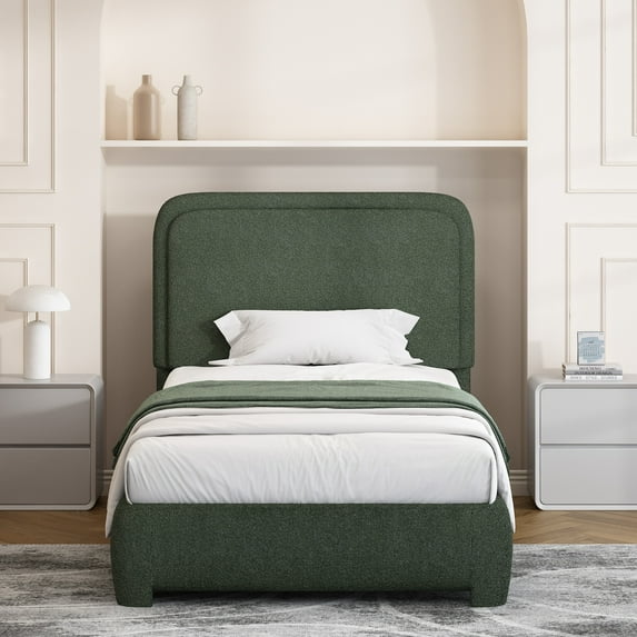 4 EVER WINNER Twin Size Bed Frame, Boucle Upholstered Bed Frame with Headboard, No Box Spring Required, Easy Assembly, Green