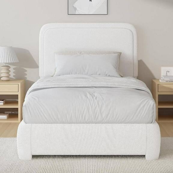 4 EVER WINNER Twin Size Bed Frame, Boucle Upholstered Bed Frame with Headboard, No Box Spring Required, Easy Assembly, White