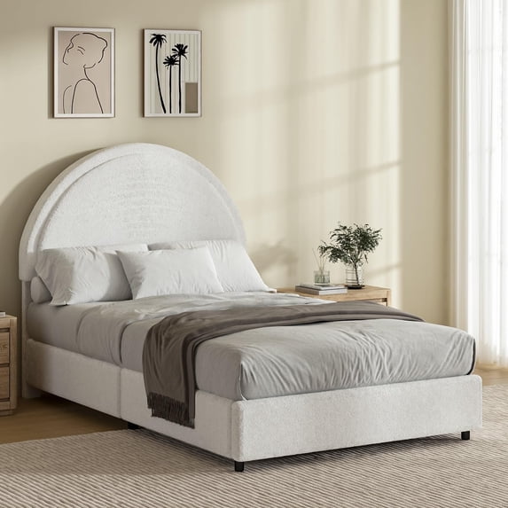 4 EVER WINNER Twin Size Bed Frame, Boucle Upholstered Bed Frame with Headboard, White Twin Bed Frame, White