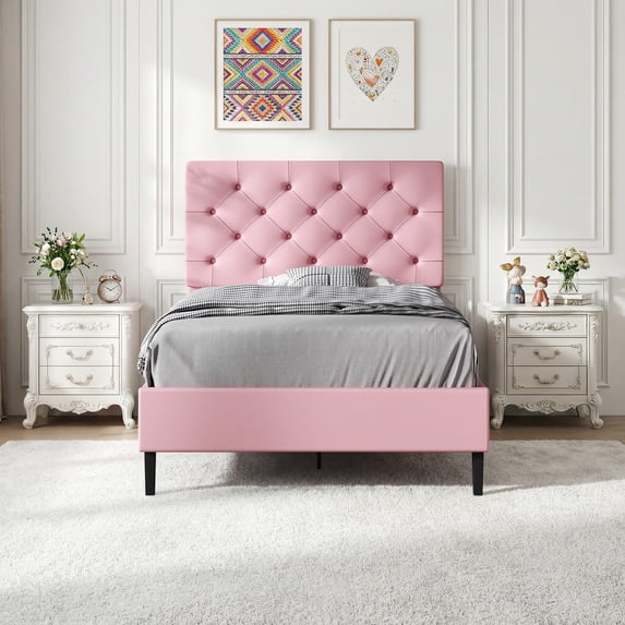 4 EVER WINNER Twin Size Bed Frame with Button Tufted Headboard, Upholstered Platform Bedframe with Wood Slat Support, Box Spring Needed, Noise Free, Easy Assembly, Faux Leather & Pink