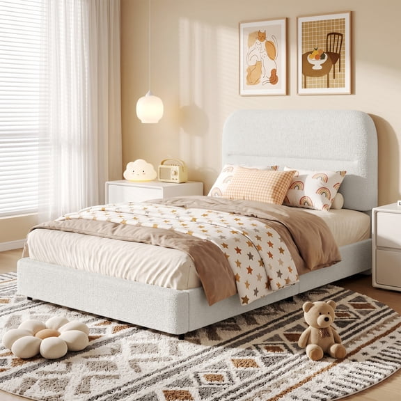 4 Ever Winner Twin‑Size Cloud Platform Bed Frame, White Plush Boucle Upholstered Bed, Rounded Corners, Adjustable Padded Headboard, Low‑Profile, Easy Assembly