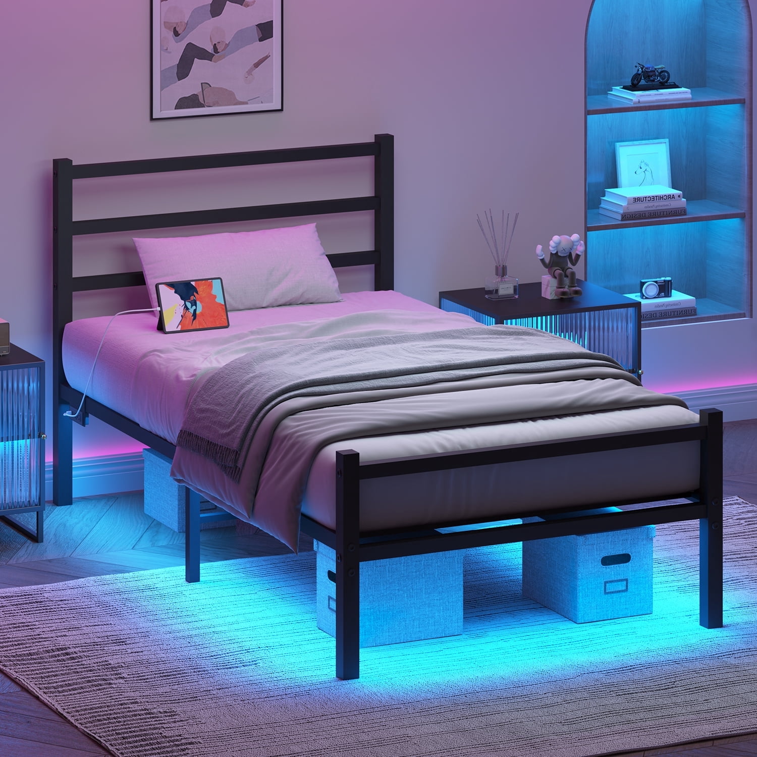 4 Ever Twin Size Metal Bed Frame with USB Charging, LED Lights, Heavy Duty, No Box Spring Required, Black