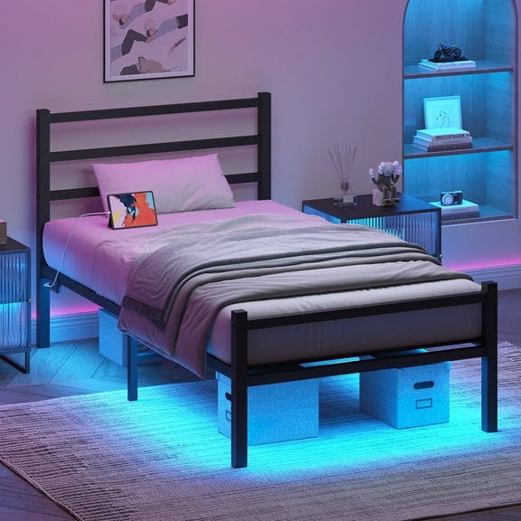 4 EVER WINNER Twin Size Bed Frame with LED Lights Headboard, Black Metal Platform Bed Frame with Charging Station, Heavy Duty, No Box Spring Needed, Black
