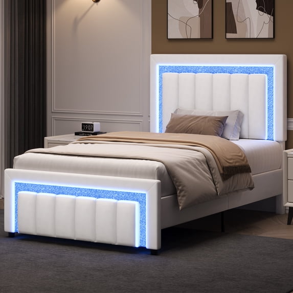 4 EVER WINNER Twin Size Bed Frame with LED Lights, Velvet Upholstered Adjustable Diamond Headboard, Wooden Slats Support, Noise Free, No Box Spring Needed, White