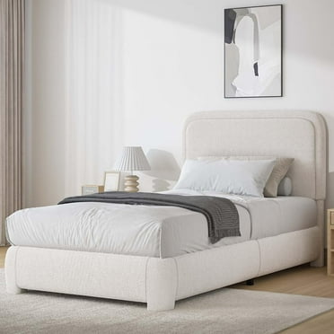 4 EVER WINNER Twin Size Bed Frame, Modern Bed Frame with Headboard, Boucle Fabric Upholstered Bed Frame, Soft Curved Headboard, Cream