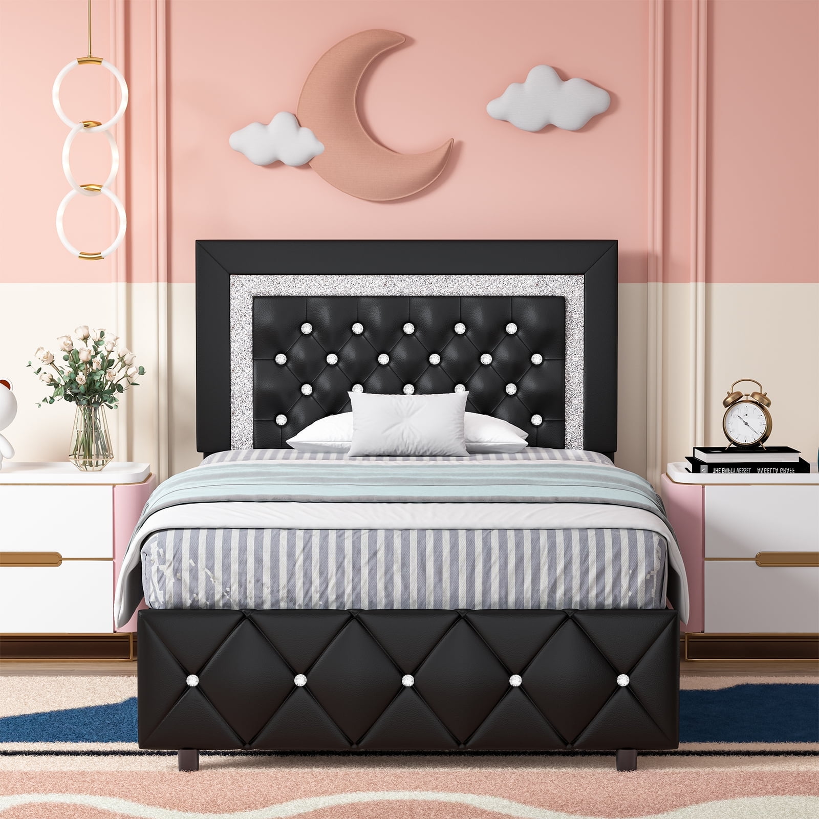 4 EVER WINNER Twin Bed Frame Kids Adjustable Height Diamond Headboard Faux Leather Black Walmart