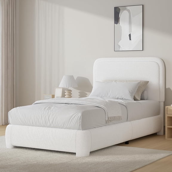 4 Ever Winner Twin Size Bed Frame, Modern White Bed Frame with Headboard, Boucle Fabric Upholstered Bed Frame, Soft Curved Headboard, White