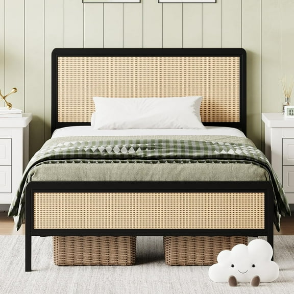 4 EVER WINNER Twin Size Bed Frame, Rattan Bed Frame with Natural Rattan Headboard and Footboard, No Box Spring Needed, Black