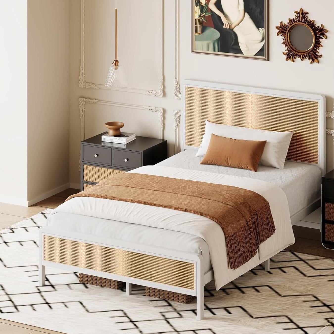 4 Ever Winner Twin Size Bed Frame, Rattan Bed Frame with Natural Rattan Headboard and Footboard, No Box Spring Needed, White