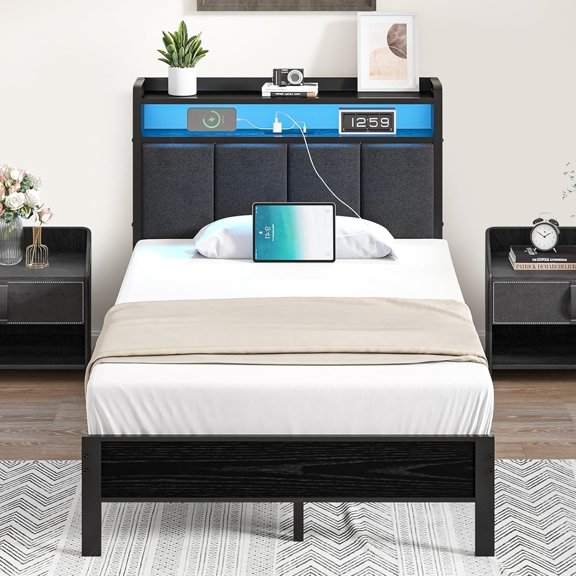 4 EVER WINNER Twin Size Bed Frame with Storage headboard, Metal Platform Bed with LED Lights and Charging Station, Comfortable Upholstered Backrest, Black