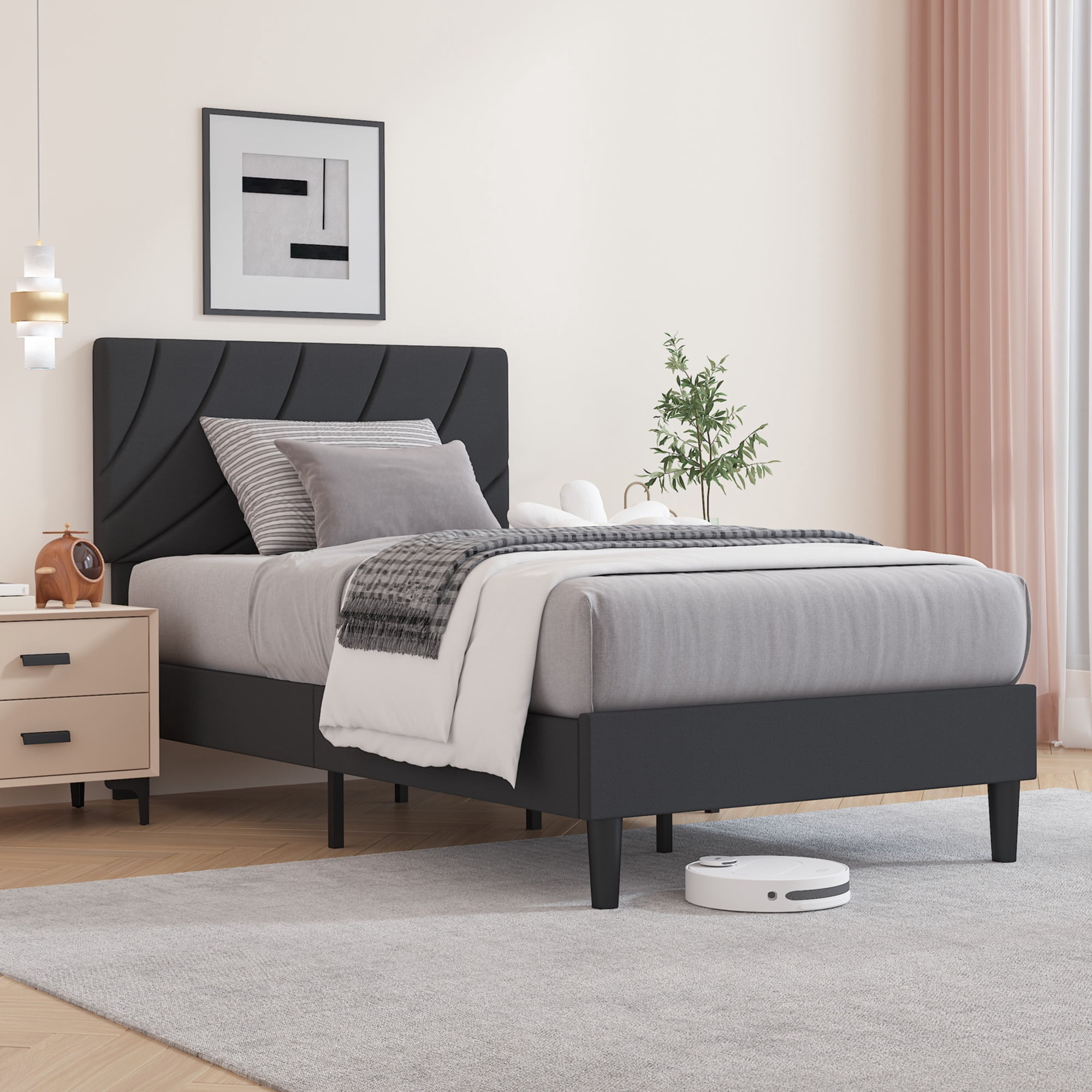 4 EVER WINNER Twin Size Bed Frame, Twin Bed Frame Platform Bed with Headboard, Pink Bed Twin Size, Easy Assembly, Black