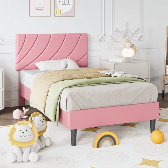 4 EVER WINNER Twin Size Bed Frame, Twin Bed Frame Platform Bed with Headboard, Pink Bed Twin Size, Easy Assembly, Pink
