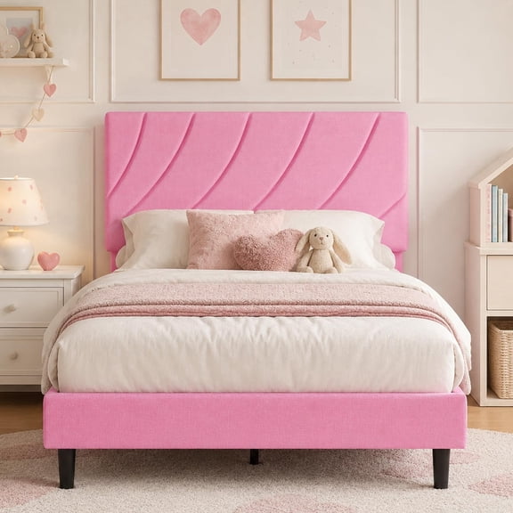 4 Ever Winner Twin Upholstered Platform Bed Frame with Fabric Headboard, Pink