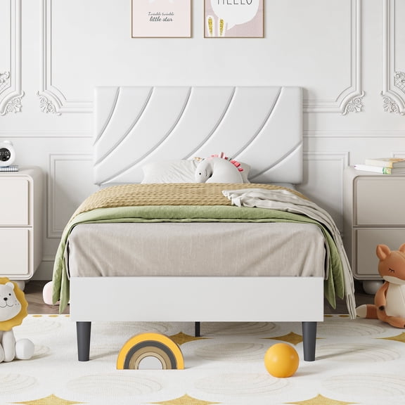 4 EVER WINNER Twin Size Bed Frame, Twin Bed Frame Platform Bed with Headboard, White Bed Frame Twin Size, Easy Assembly, White