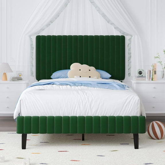 4 EVER WINNER Twin Size Bed Frame, Twin Size Upholstered Platform Bed Frame with Vertical Channel Tufted Headboard, Green Twin Bed Frame, Green