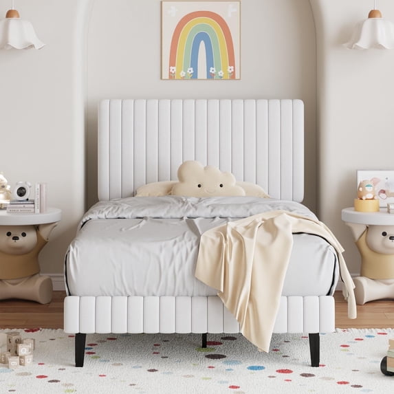 4 EVER WINNER Twin Size Bed Frame, Twin Size Upholstered Platform Bed Frame with Vertical Channel Tufted Headboard, White Twin Bed Frame, White