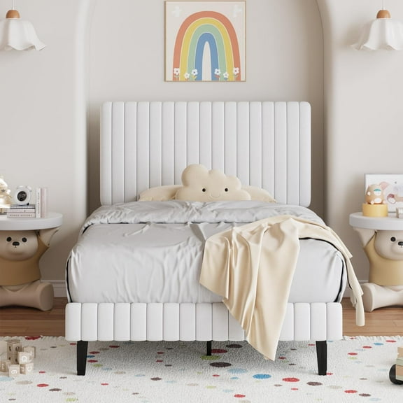 4 EVER WINNER Twin Size Bed Frame, Twin Size Upholstered Platform Bed Frame with Vertical Channel Tufted Headboard, White Twin Bed Frame, White