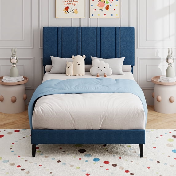 4 EVER WINNER Twin Size Bed Frame, Upholstered Platform Bed Frame with Headboard, Blue Twin Bed Frame, No Box Spring Needed, Blue