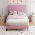 thumbnail image 1 of 4 EVER WINNER Twin Size Bed Frame, Upholstered Platform Bed Frame with Headboard, Pink Twin Bed Frame, No Box Spring Needed, Pink, 1 of 7