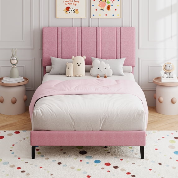 4 EVER WINNER Twin Size Bed Frame, Upholstered Platform Bed Frame with Headboard, Pink Twin Bed Frame, No Box Spring Needed, Pink