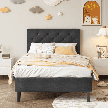 4 EVER WINNER Twin Size Bed Frame, Upholstered Platform Bed with Headboard, Button Tufted Headboard, Dark Gray