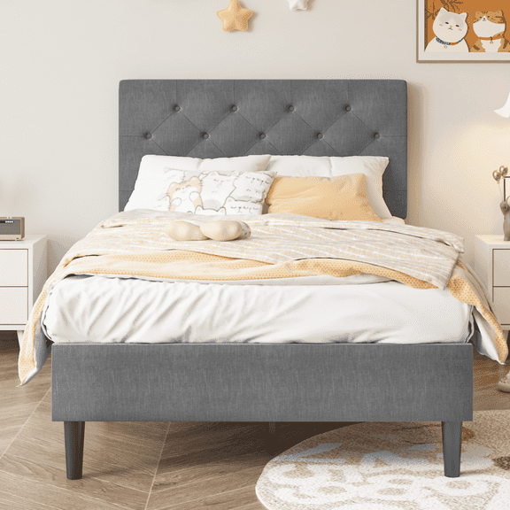 4 Ever Winner Twin Upholstered Platform Bed Frame with Adjustable Button Tufted Headboard, Gray