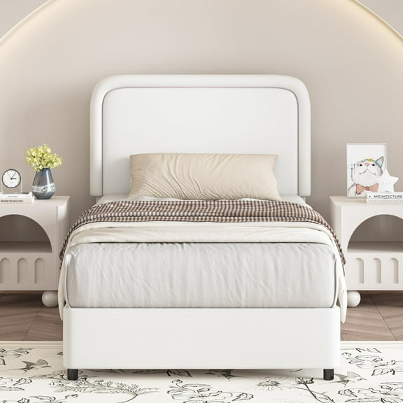 4 EVER WINNER Twin Size Bed Frame, Upholstered Platform Bed Frame with Curved Headboard, Low Profile Bed Frame, Soft Rounded Corners & Footboard, White