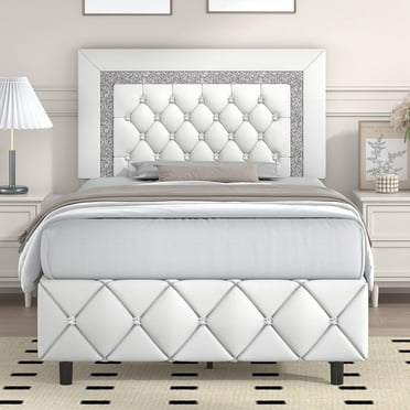4 EVER WINNER Twin Size Bed Frame, White Twin Size Bed Frame for Kids, Upholstered Platform Bed Frame with Diamond Tufted Headboard & Footboard, White