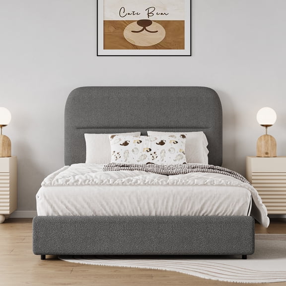 4 EVER WINNER Twin Bed Frame with Headboard, Boucle Upholstered Platform Bed Frame wiith Rounded Corner, Soft Cloud Bed Frame, No Box Spring Needed, Gray