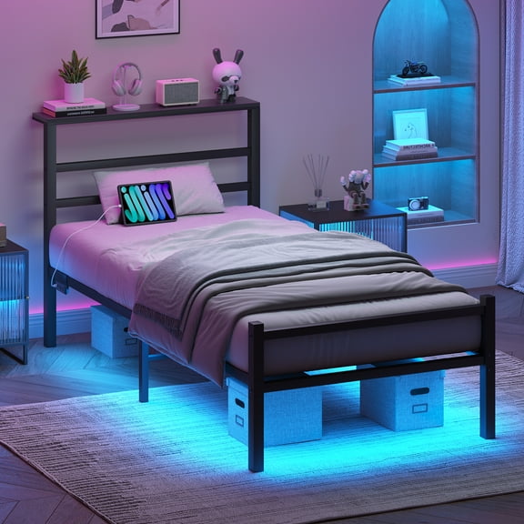 4 EVER WINNER Twin Size Bed Frame with LED Light, Twin LED Bed Frame with Charging Station, Metal Platform Bed Frame with Shelf Headboard, Black