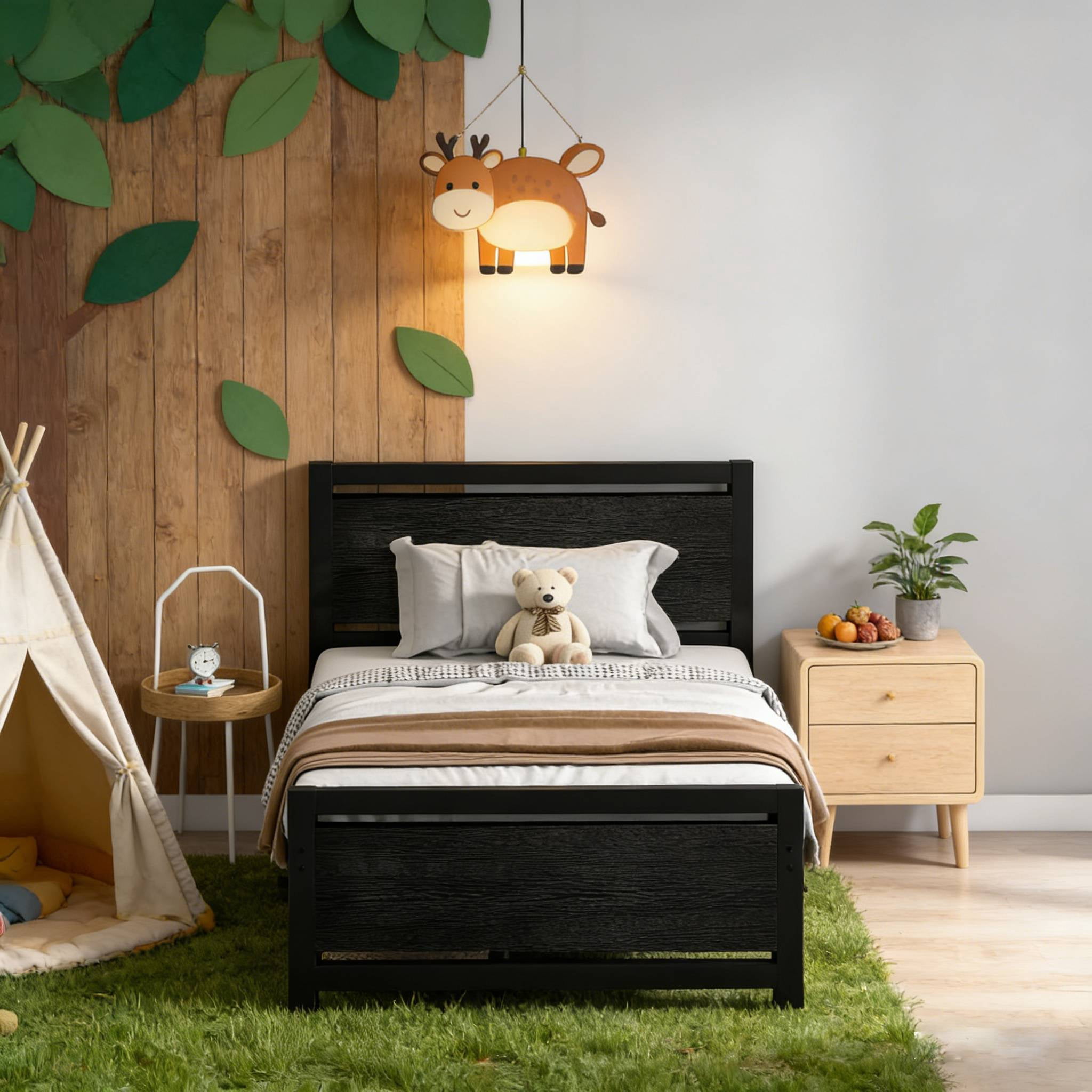 4 EVER WINNER Twin Size Bed Frames with Headboard, Industrial Style Twin Bed Frame, Bed Frame Twin Size with Wooden Footboard, No Box Spring Needed, Noise-Free, Easy Assembly, Black Brown
