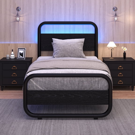4 Ever Winner Twin Size Rustic Industrial Metal Bed Frame with LED Headboard, Black