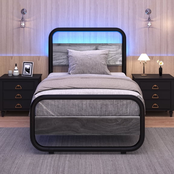 4 EVER WINNER Twin Size Bed LED Bed Frame, Metal Bed Frame Twin Size, Metal Platform Bed Frame with LED Headboard, No Box Spring Needed, Gray