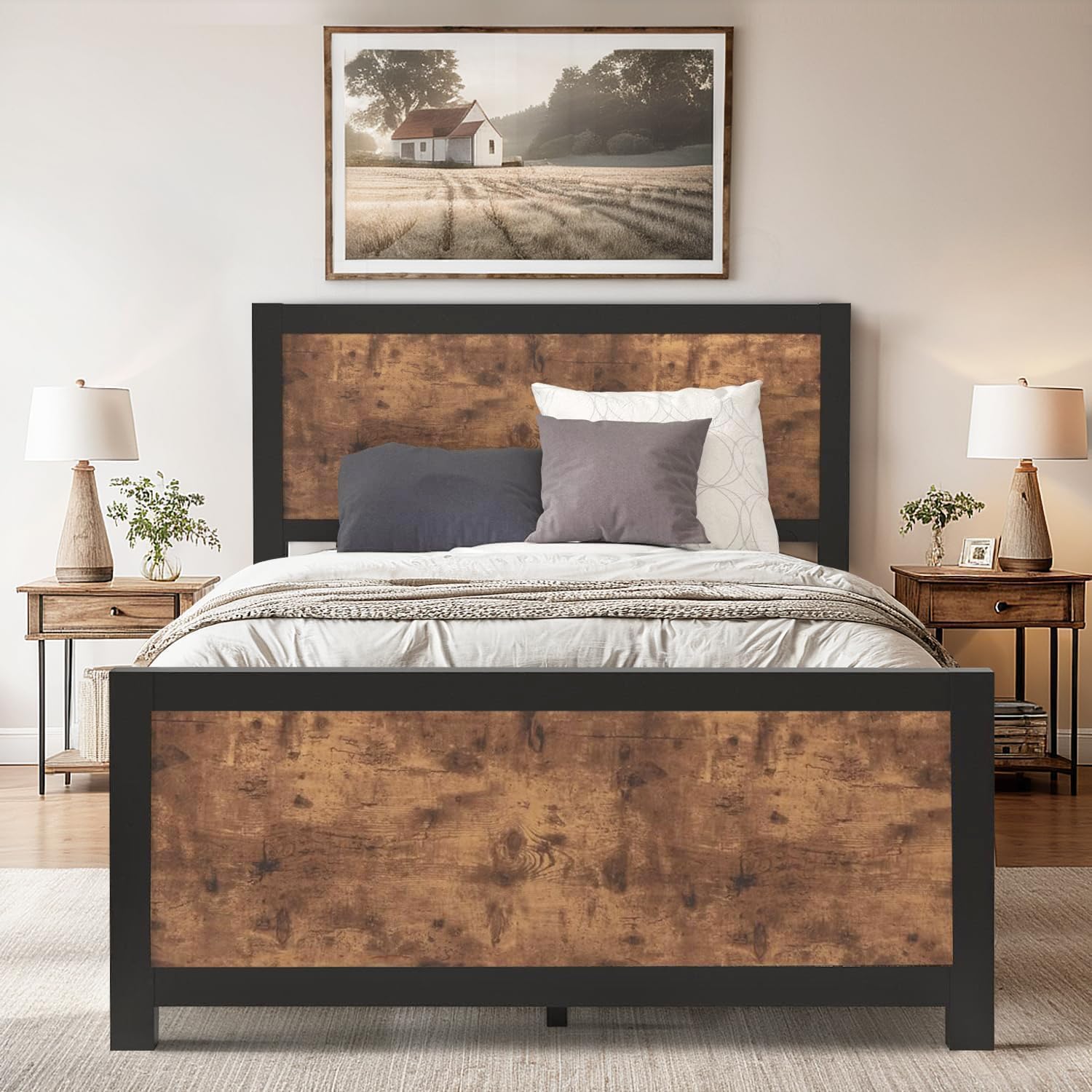 Full size Contemporary Black Metal Platform Bed with Wooden Mattress Support Slats
