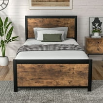 4 EVER WINNER Twin Size Bed Metal Platform Bed Frame with Wooden Headboard, Rustic Brown
