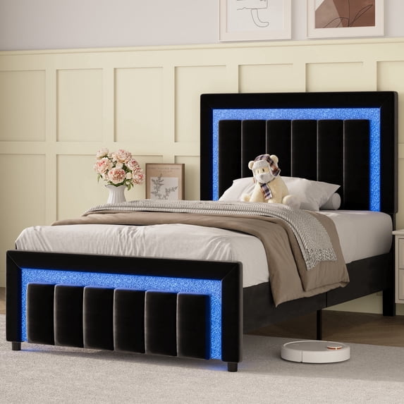 4 EVER WINNER Twin Bed Frames, Striped & Diamond Studded Velvet Headboard & Footboard with LED Lights, Stable Noise-Free Structure, No Box Spring Needed,Black