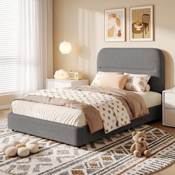 4 Ever Winner Twin Size Boucle Bed Frame with Headboard, Upholstered Platform Bed with Wood Slats, Soft Rounded Corners, No Box Spring Required, Non-Slip and Noise-Free, Easy Assembly, Grey