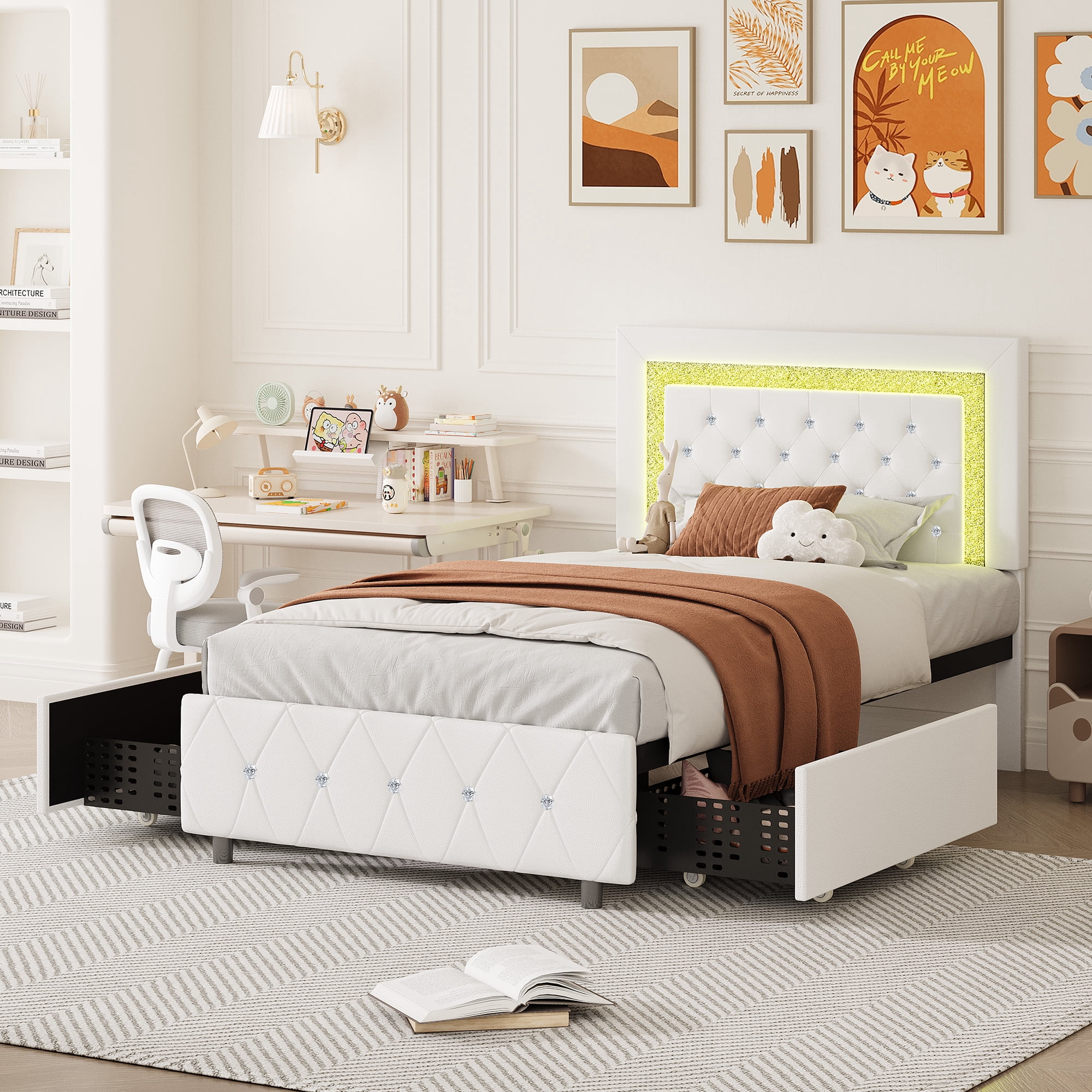 4 Ever Winner Twin Size Upholstered Bed Frame with LED Light, 2 Drawers, Diamond Tufted Headboard, White