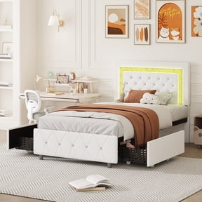4 Ever Winner Twin Size Upholstered Bed Frame with LED Light, 2 Drawers, Diamond Tufted Headboard, White