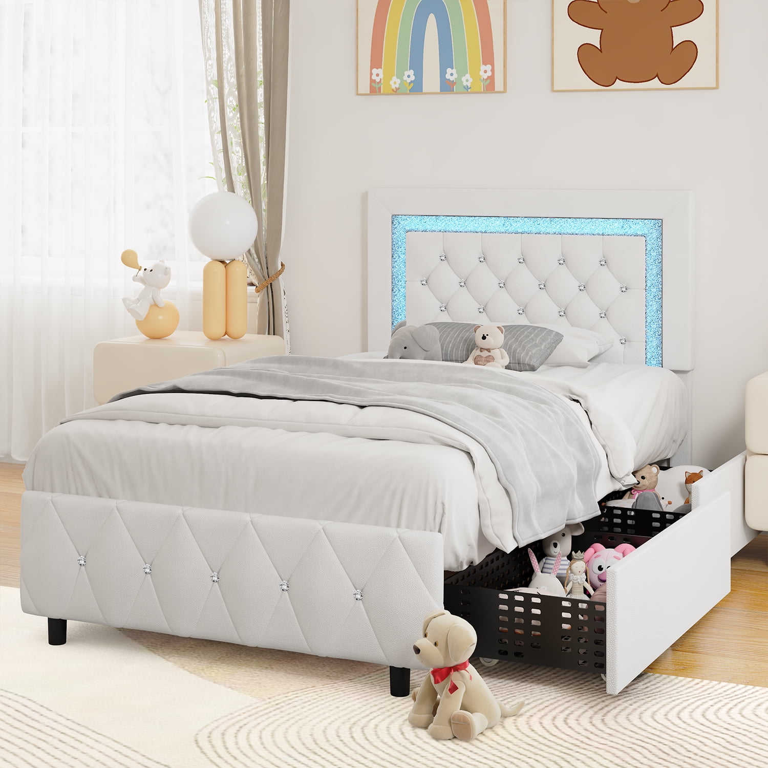 4 EVER WINNER Twin Size LED Bed Frame with 2 Drawers, White Twin Bed Frame  with LED Light and Diamond Headboard, Modern Upholstered Bed Twin Size, ..., image size:1500x1500