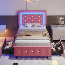 4 EVER WINNER Twin Size LED Bed Frame with 2 Drawers, Pink Twin Bed Frame with LED Light and Diamond Headboard, Modern Upholstered Bed for Kids, Pink